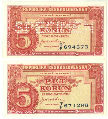 5 Kčs (1945) Londýn série T/F - bankovní vzor