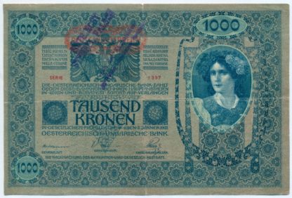 1000 K 1902 přetisk "DEUTSCHÖSTERREICH" + "NOTE ECHT, STEMPEL FALSCH"