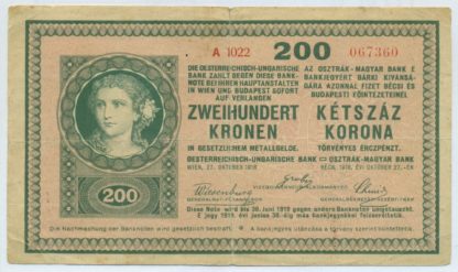 200 Kronen / Korona 1918 série A 1022 (rakouské vydání - rub bez rastru)