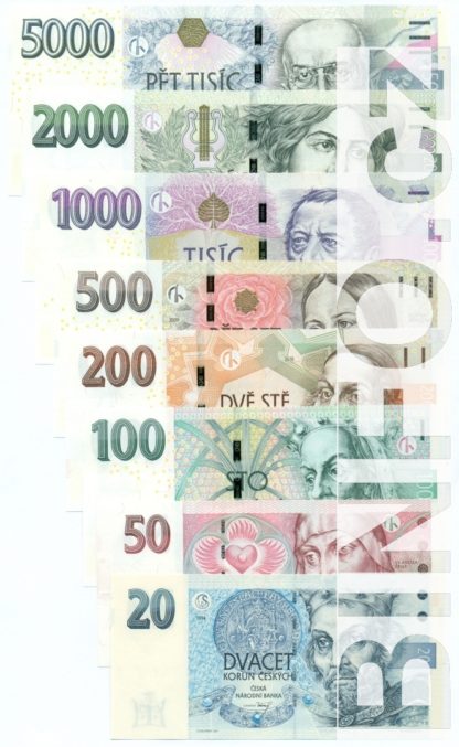 České bankovky - kompletní sada 20, 50, 100, 200, 500, 1000, 2000, 5000 Kč (8 kusů) - nové