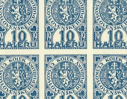 50x kolek 10 h 1919 k označení prvních československých bankovek (nerozstříhaný arch s původním lepem) - vzácné
