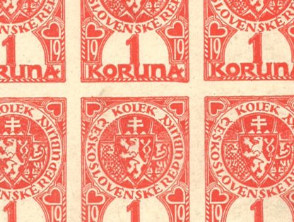 100x kolek 1 K 1919 k označení prvních československých bankovek (nerozstříhaný arch s původním lepem) - vzácné