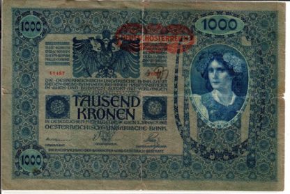1000 K 1902 přetisk "DEUTSCHÖSTERREICH" + "NOTE ECHT, STEMPEL FALSCH" (Kopírovat)